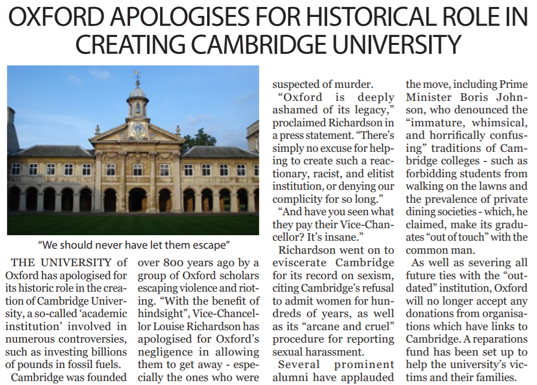 Article entitled, ‘Oxford apologises for historical role in creating Cambridge University’. Includes
                image of a Cambridge college with the caption, “We should never have let them escape”